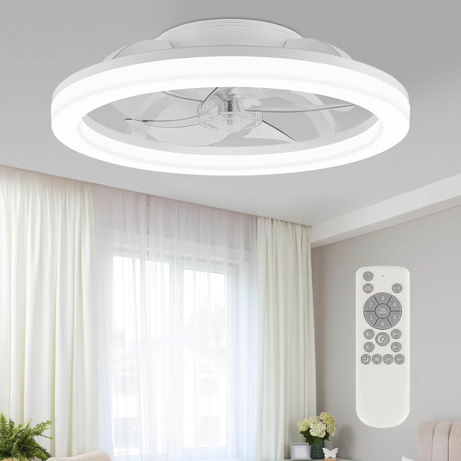 Low-profile ceiling fan with LED light and remote